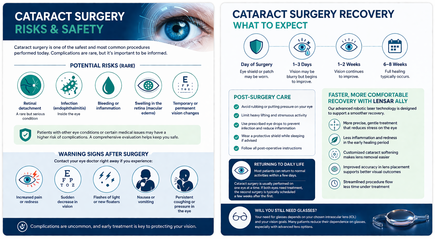 Infographic showing cataract surgery risks, warning signs, and recovery timeline with LensAR robotic laser benefits 
