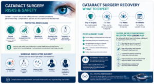 Infographic showing cataract surgery risks, warning signs, and recovery timeline with LensAR robotic laser benefits